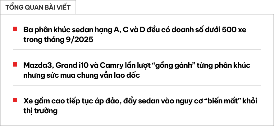 Thị trường xe gầm thấp sụt giảm mạnh tháng 9/2025 Doanh số xe sedan truyền thống giảm tại Việt Nam
